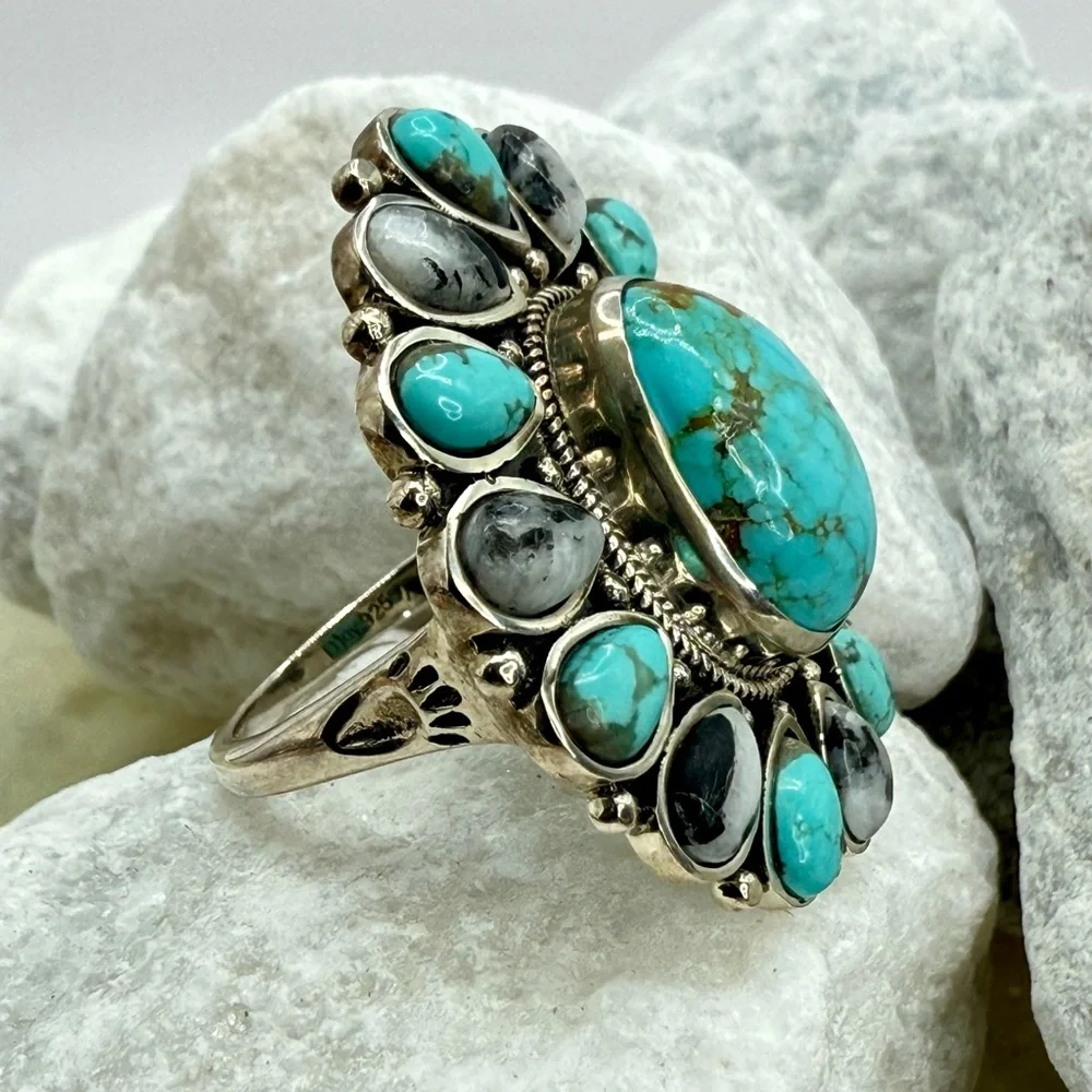 NWT Sierra Nevada Turquoise & White Buffalo Halo Ring 12.90ctw Sterling Silver 8